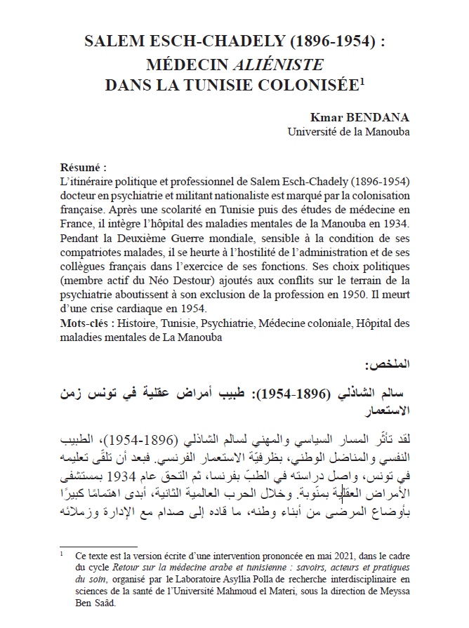 SALEM ESCH-CHADELY (1896-1954) : MÉDECIN ALIÉNISTE DANS LA TUNISIE COLONISÉE