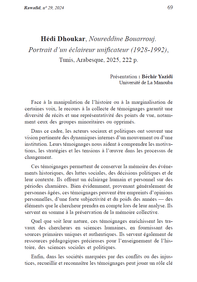 Hédi Dhoukar, Noureddine Bouarrouj. Portrait d’un éclaireur unificateur (1928-1992), Tunis, Arabesque, 2025, 222 p.