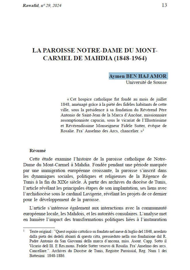 LA PAROISSE NOTRE-DAME DU MONTCARMEL DE MAHDIA (1848-1964)
